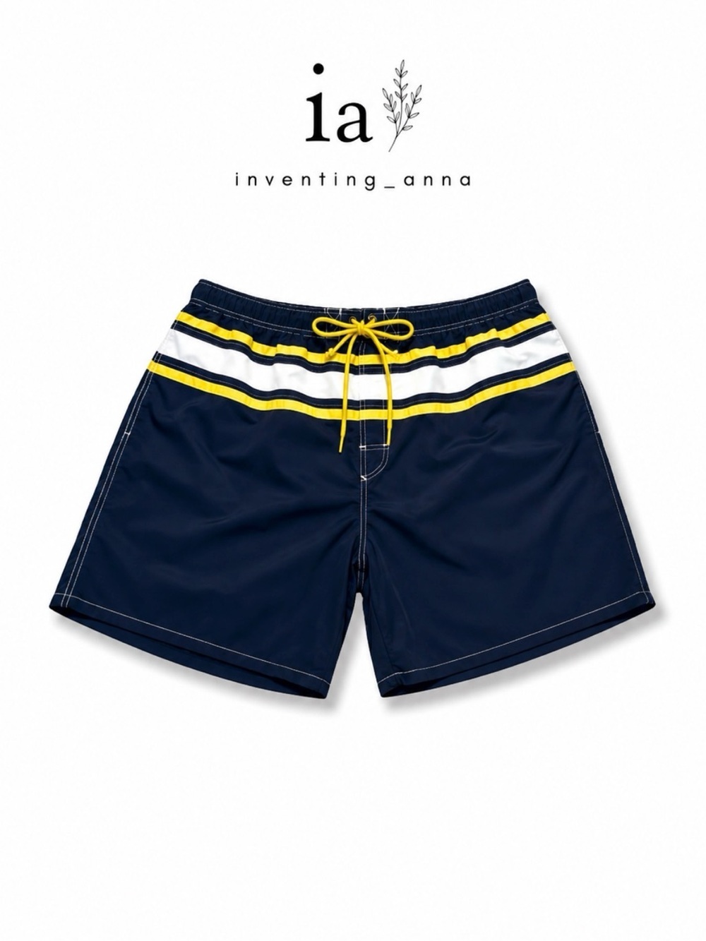 Navy Blue Swim Shorts w/Yellow and White trim - inner mesh lining and pockets